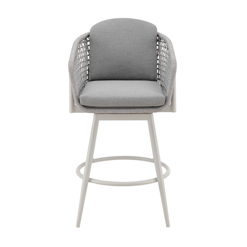 Rhodes Outdoor Swivel Bar Stool in Aluminum with Light Gray Rope and Cushions