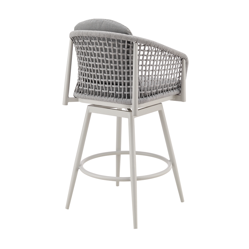 Rhodes Outdoor Swivel Bar Stool in Aluminum with Light Gray Rope and Cushions