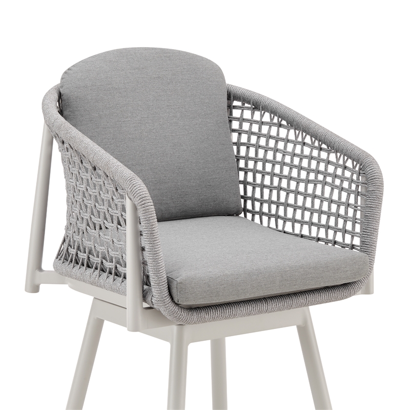 Rhodes Outdoor Swivel Bar Stool in Aluminum with Light Gray Rope and Cushions