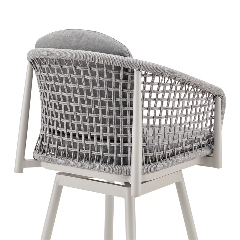 Rhodes Outdoor Swivel Bar Stool in Aluminum with Light Gray Rope and Cushions