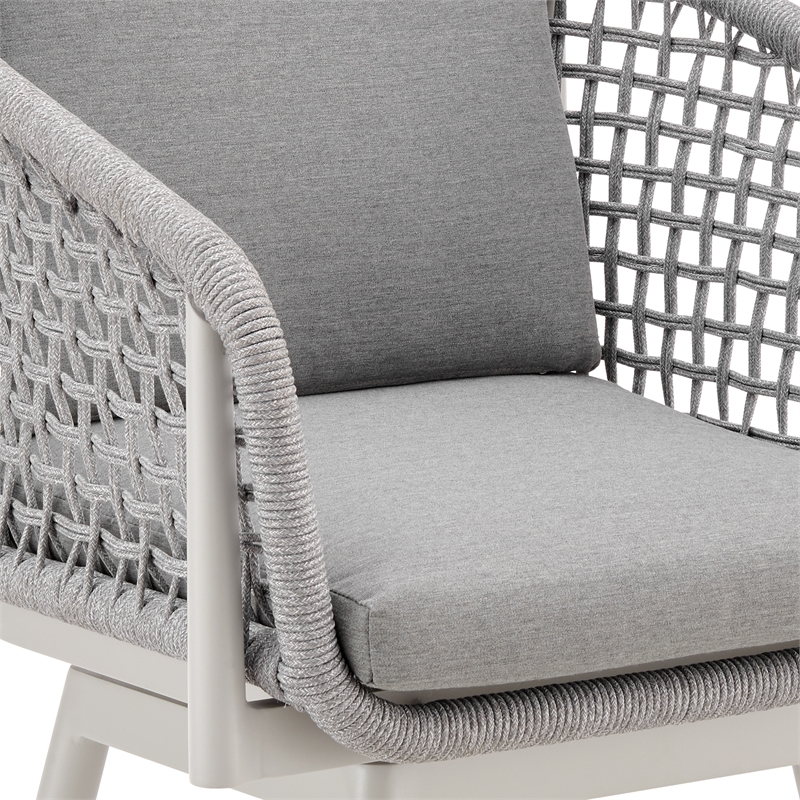 Rhodes Outdoor Swivel Bar Stool in Aluminum with Light Gray Rope and Cushions