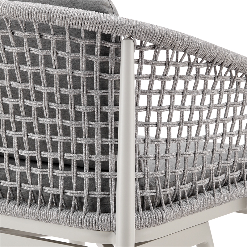 Rhodes Outdoor Swivel Bar Stool in Aluminum with Light Gray Rope and Cushions