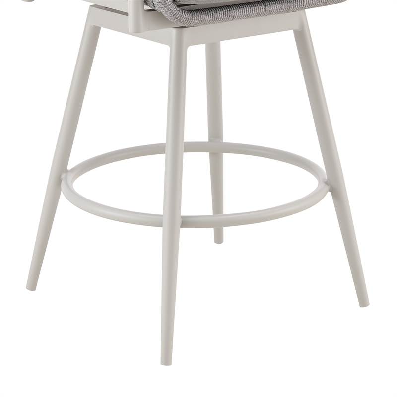 Rhodes Outdoor Swivel Bar Stool in Aluminum with Light Gray Rope and Cushions