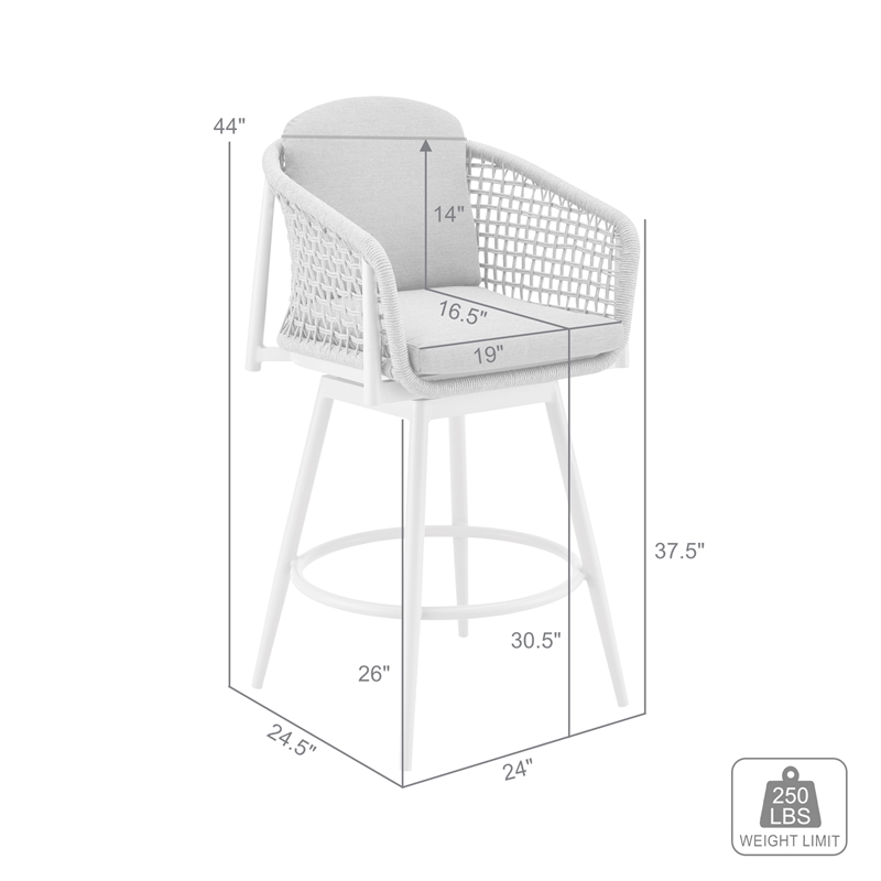 Rhodes Outdoor Swivel Bar Stool in Aluminum with Light Gray Rope and Cushions
