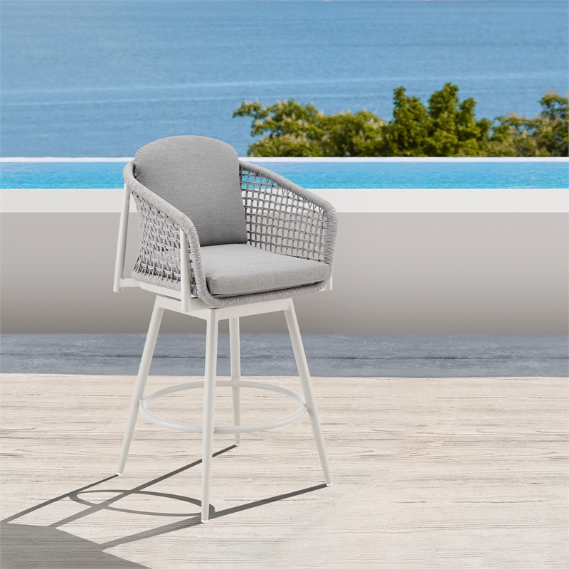 Rhodes Outdoor Swivel Bar Stool in Aluminum with Light Gray Rope and Cushions