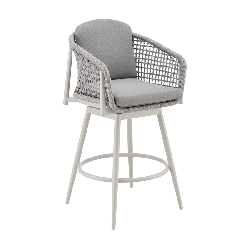Rhodes Outdoor Swivel Bar Stool in Aluminum with Light Gray Rope and Cushions