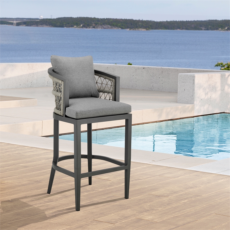 Zella Outdoor Patio Bar or Counter Stool in Aluminum with Rope and Cushions
