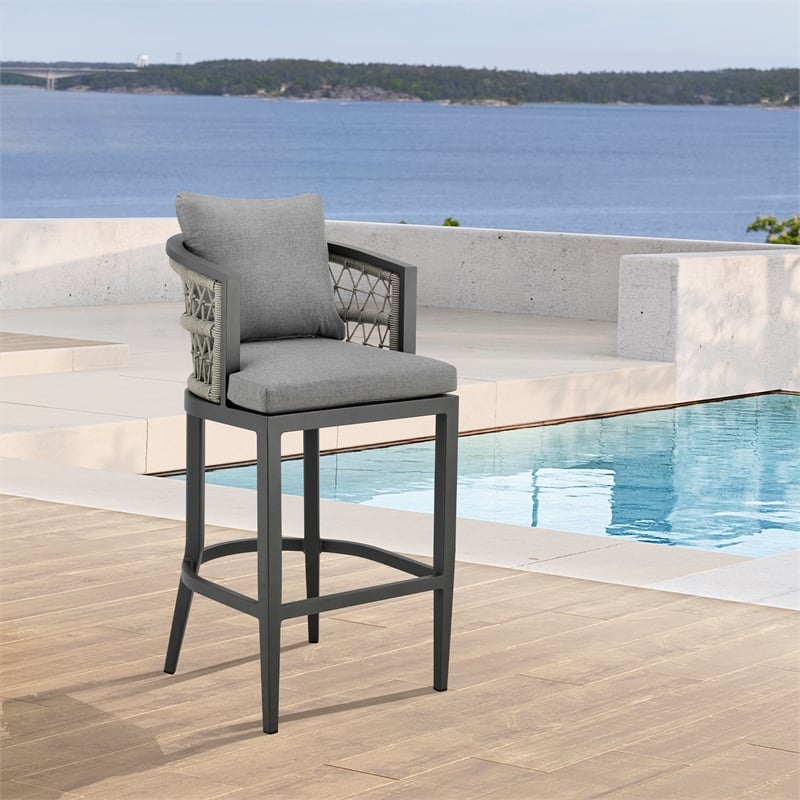Zella Outdoor Patio Bar or Counter Stool in Aluminum with Rope and Cushions