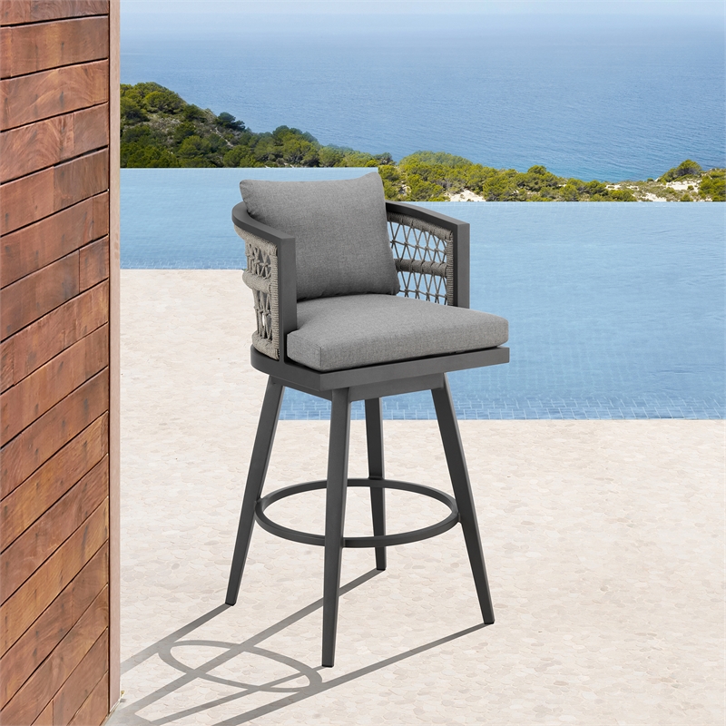 Zella Outdoor  Swivel Bar or Counter Stool in Aluminum with Rope and Cushions