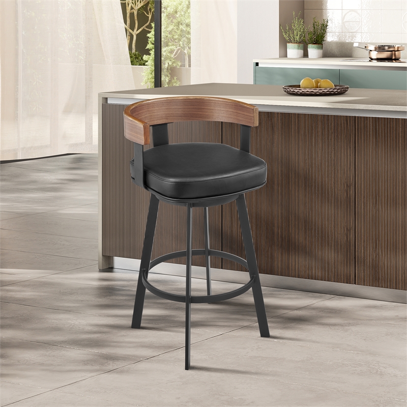 Idris Swivel Counter or Bar Stool in Metal with Walnut Finish and Faux Leather