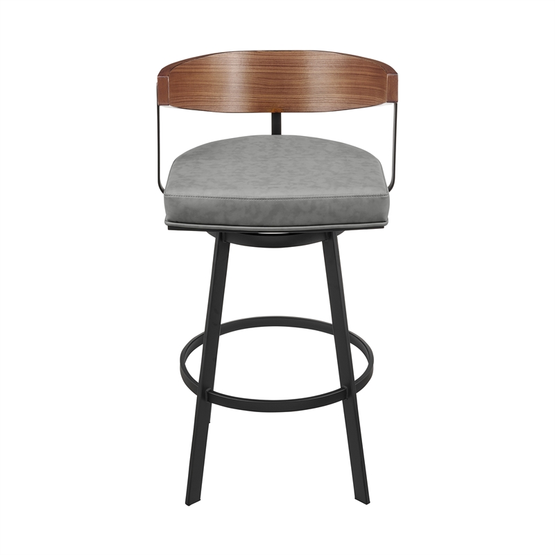 Lacey Swivel Counter or Bar Stool in Metal with Walnut Finish and Faux Leather