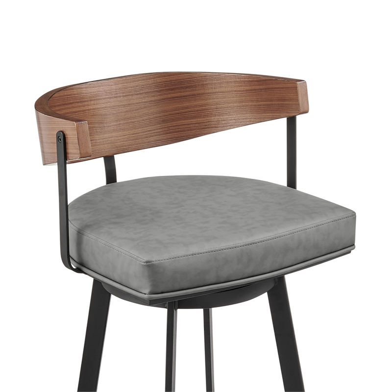 Lacey Swivel Counter or Bar Stool in Metal with Walnut Finish and Faux Leather