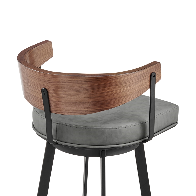Lacey Swivel Counter or Bar Stool in Metal with Walnut Finish and Faux Leather