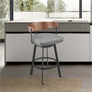 Lacey Swivel Counter or Bar Stool in Metal with Walnut Finish and Faux Leather
