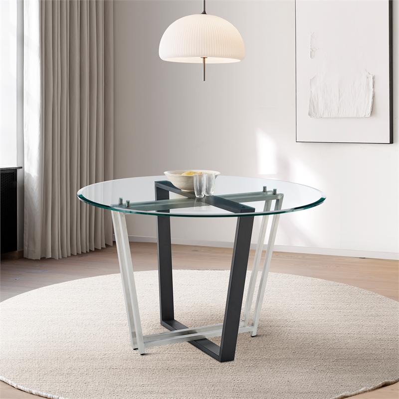 Devi Round Dining Table  Black Iron Base with Glass Tabletop