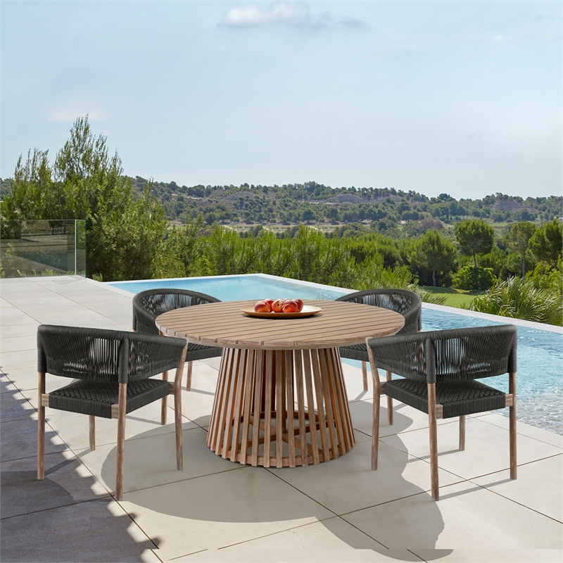 Escondido Doris Outdoor 5 Piece Round Dining Set in Eucalyptus and Black Rope