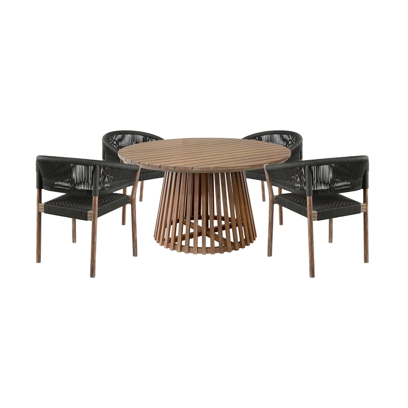 Escondido Doris Outdoor 5 Piece Round Dining Set in Eucalyptus and Black Rope