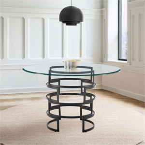 Diaz Round Dining Table with Matte Black Iron Base and Glass Tabletop