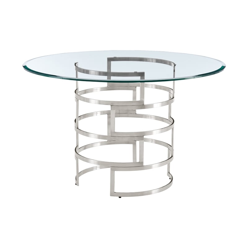 Diaz  Round Dining Table with Brushed Stainless Steel Base and Glass Tabletop