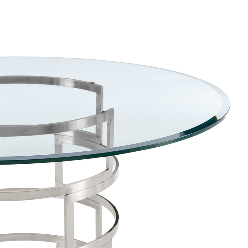 Diaz  Round Dining Table with Brushed Stainless Steel Base and Glass Tabletop