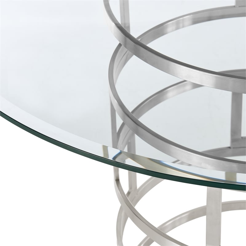 Diaz  Round Dining Table with Brushed Stainless Steel Base and Glass Tabletop