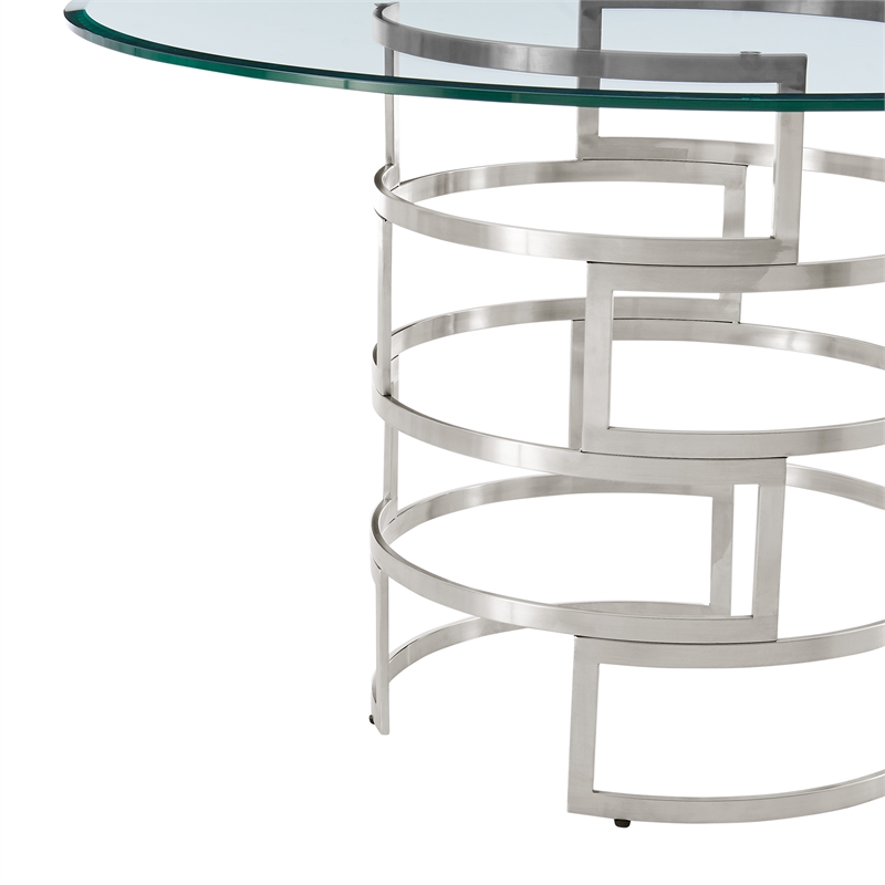 Diaz  Round Dining Table with Brushed Stainless Steel Base and Glass Tabletop