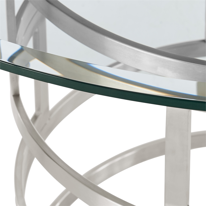 Diaz  Round Dining Table with Brushed Stainless Steel Base and Glass Tabletop