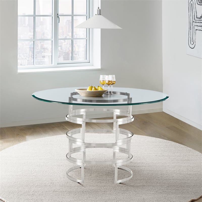 Diaz  Round Dining Table with Brushed Stainless Steel Base and Glass Tabletop