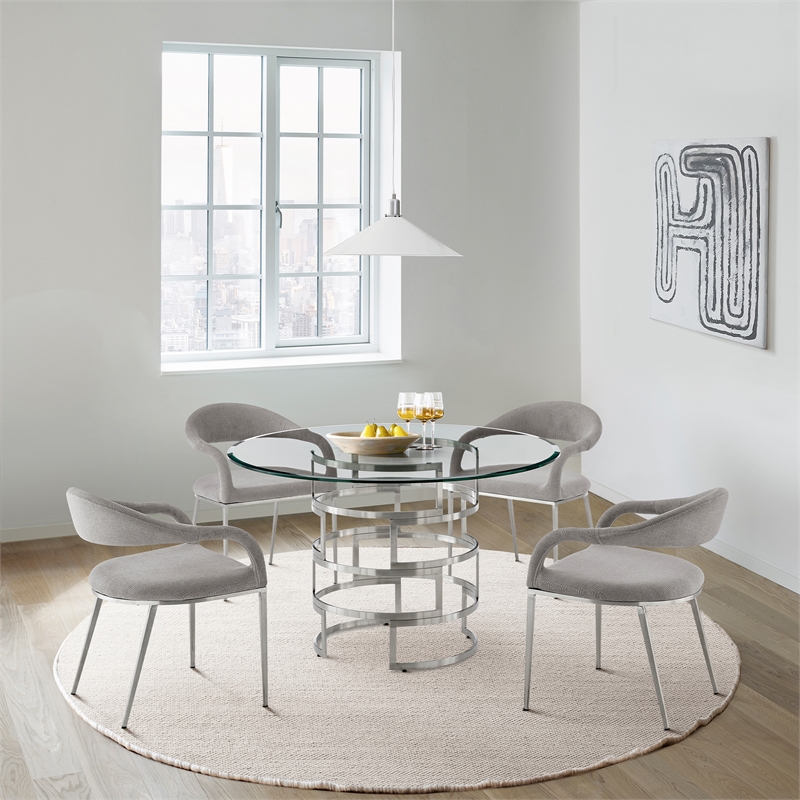 Diaz  Round Dining Table with Brushed Stainless Steel Base and Glass Tabletop
