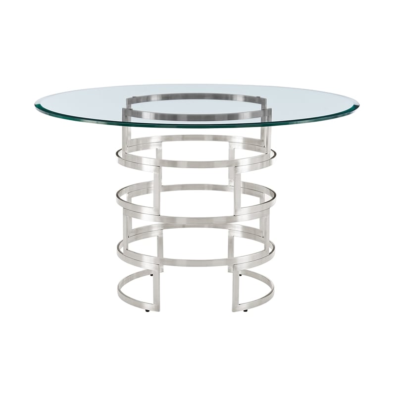 Diaz  Round Dining Table with Brushed Stainless Steel Base and Glass Tabletop