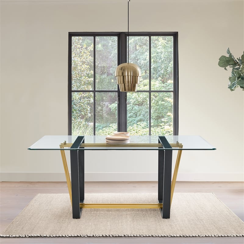 Kai  Dining Table Black Iron Base with Glass Tabletop
