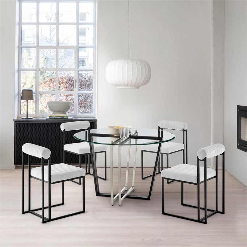 Devi Anastasia 5 Piece Round Glass Dining Table Set with Light Gray Fabric