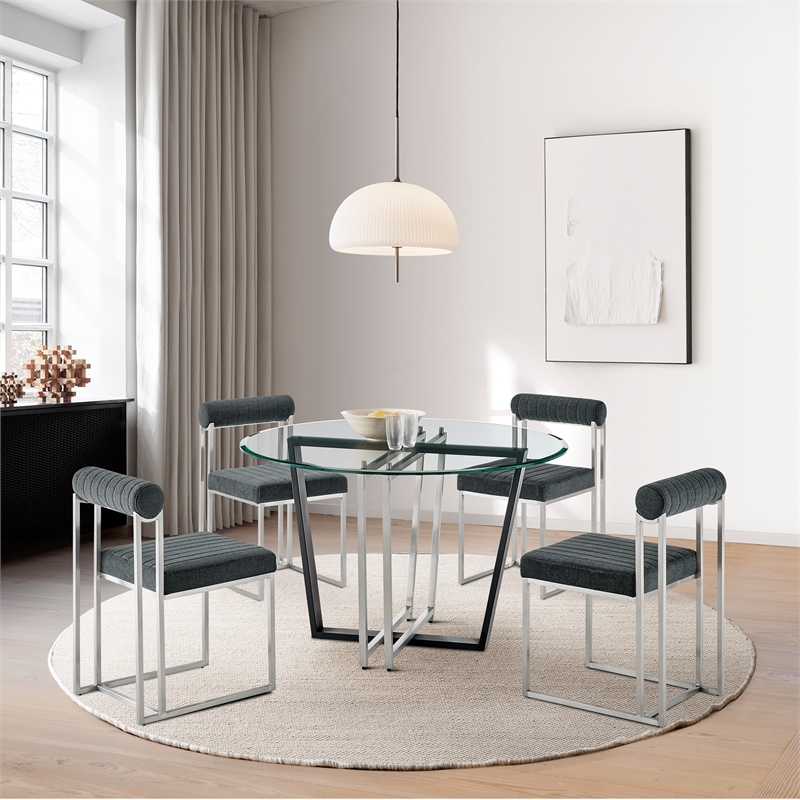 Devi Anastasia 5 Piece Round Glass Dining Table Set with Charcoal Fabric