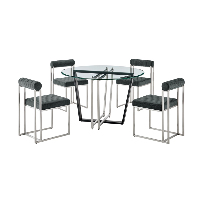 Devi Anastasia 5 Piece Round Glass Dining Table Set with Charcoal Fabric