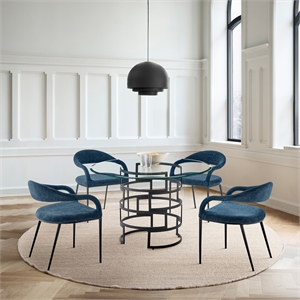 Diaz Morgan 5 Piece Round Glass Dining Table Set with Blue Fabric