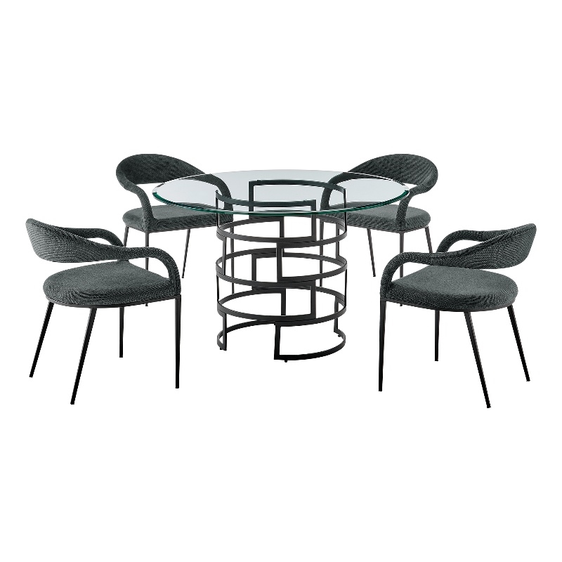 Diaz Morgan 5 Piece Round Glass Dining Table Set with Charcoal Fabric