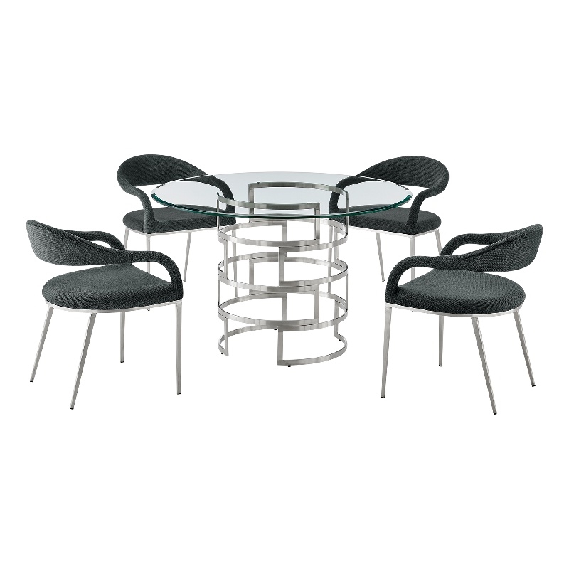Diaz Morgan 5 Piece Round Glass Dining Table Set with Charcoal Fabric