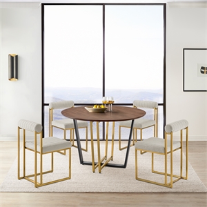 Joana Anastasia 5 Piece Round Walnut Dining Table Set Taupe Fabric