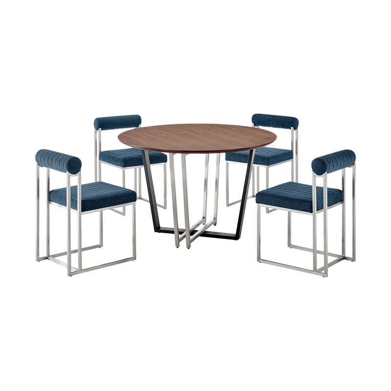 Joana Anastasia 5 Piece Round Dining Set with Blue Fabric