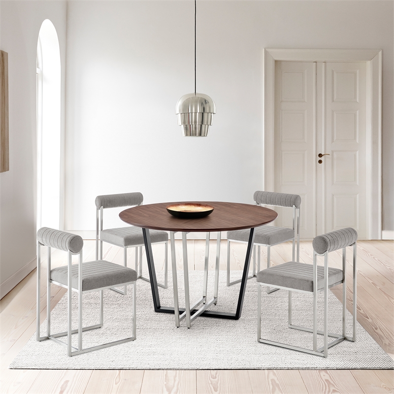 Joana Anastasia 5 Piece Round Walnut Dining Set Light Gray Fabric