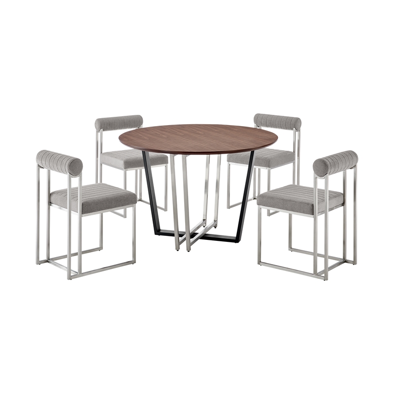 Joana Anastasia 5 Piece Round Walnut Dining Set Light Gray Fabric