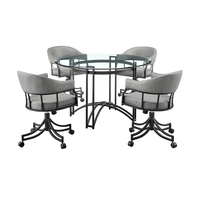 Tibet 5 Piece Dining Set with Round Tabletop and Faux Leather Rolling Chairs