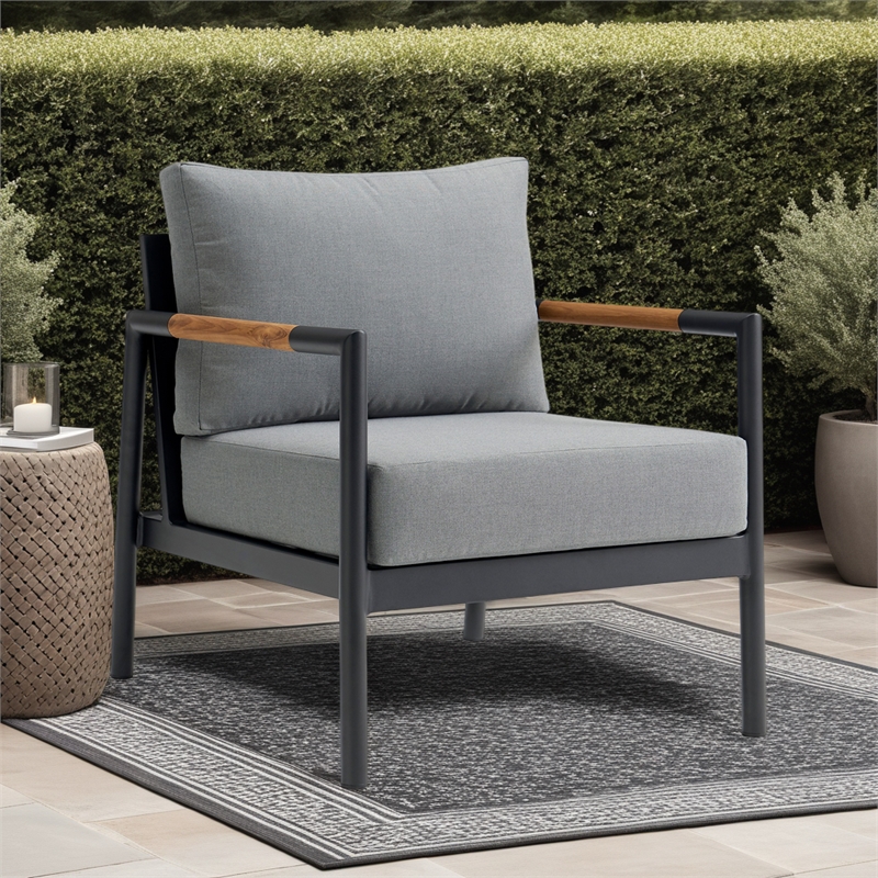 Crown Aluminum and Teak Wood Outdoor Chair in Black and Dark Gray