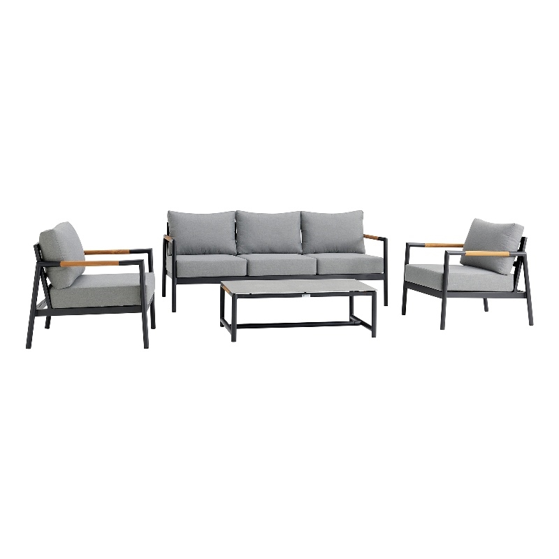 Crown Aluminum and Teak Wood Outdoor Coffee Table in Black