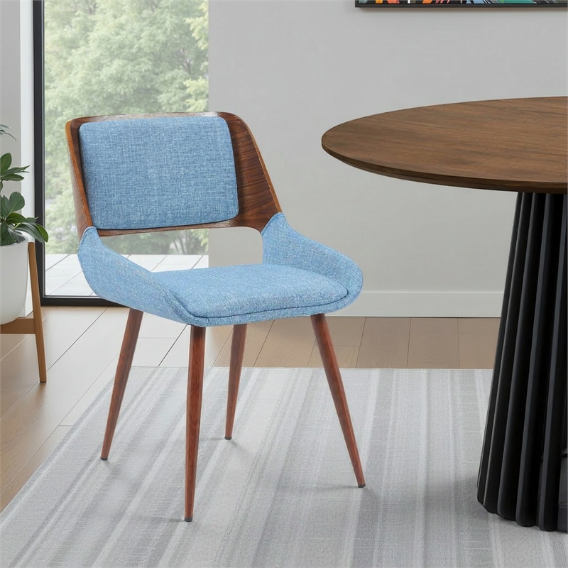 Panda Upholstered Dining Chair in Walnut Finish with Light Blue Fabric Seat