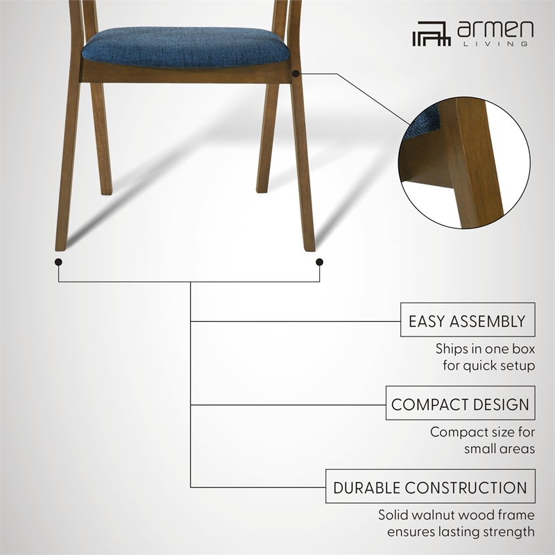 Santana Wood Dining Chair in Walnut Finish with Blue Fabric - Set of 4