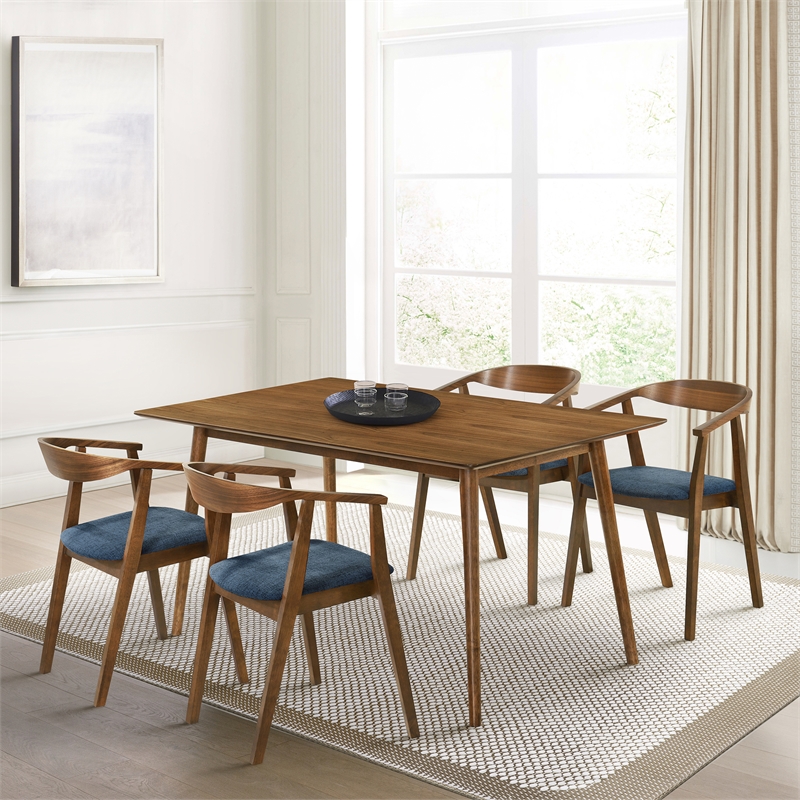 Santana Wood Dining Chair in Walnut Finish with Blue Fabric - Set of 4