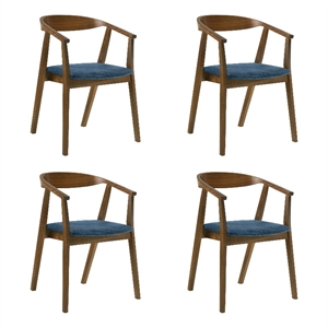 Santana Wood Dining Chair in Walnut Finish with Blue Fabric - Set of 4