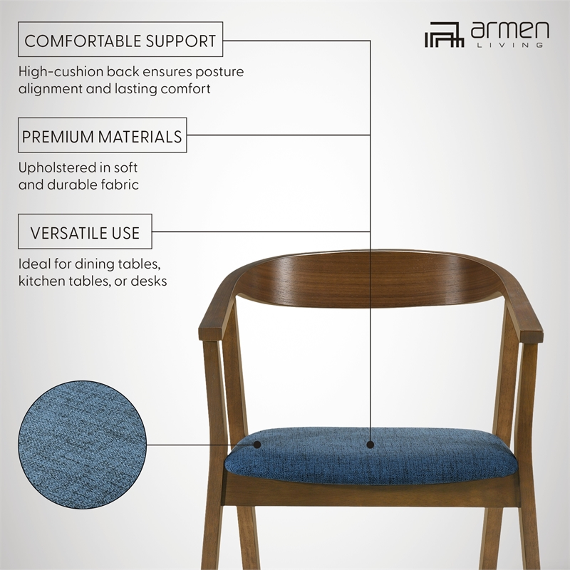 Santana Wood Dining Chair in Walnut Finish with Blue Fabric - Set of 6