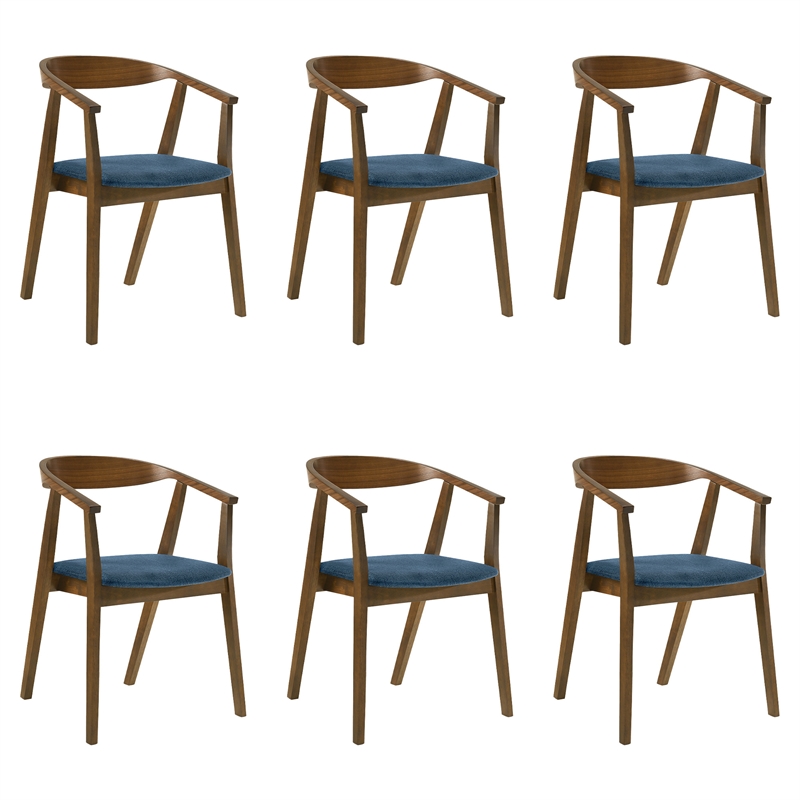 Santana Wood Dining Chair in Walnut Finish with Blue Fabric - Set of 6